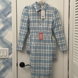 Chic Blue and White Plaid Long Sleeve Dress